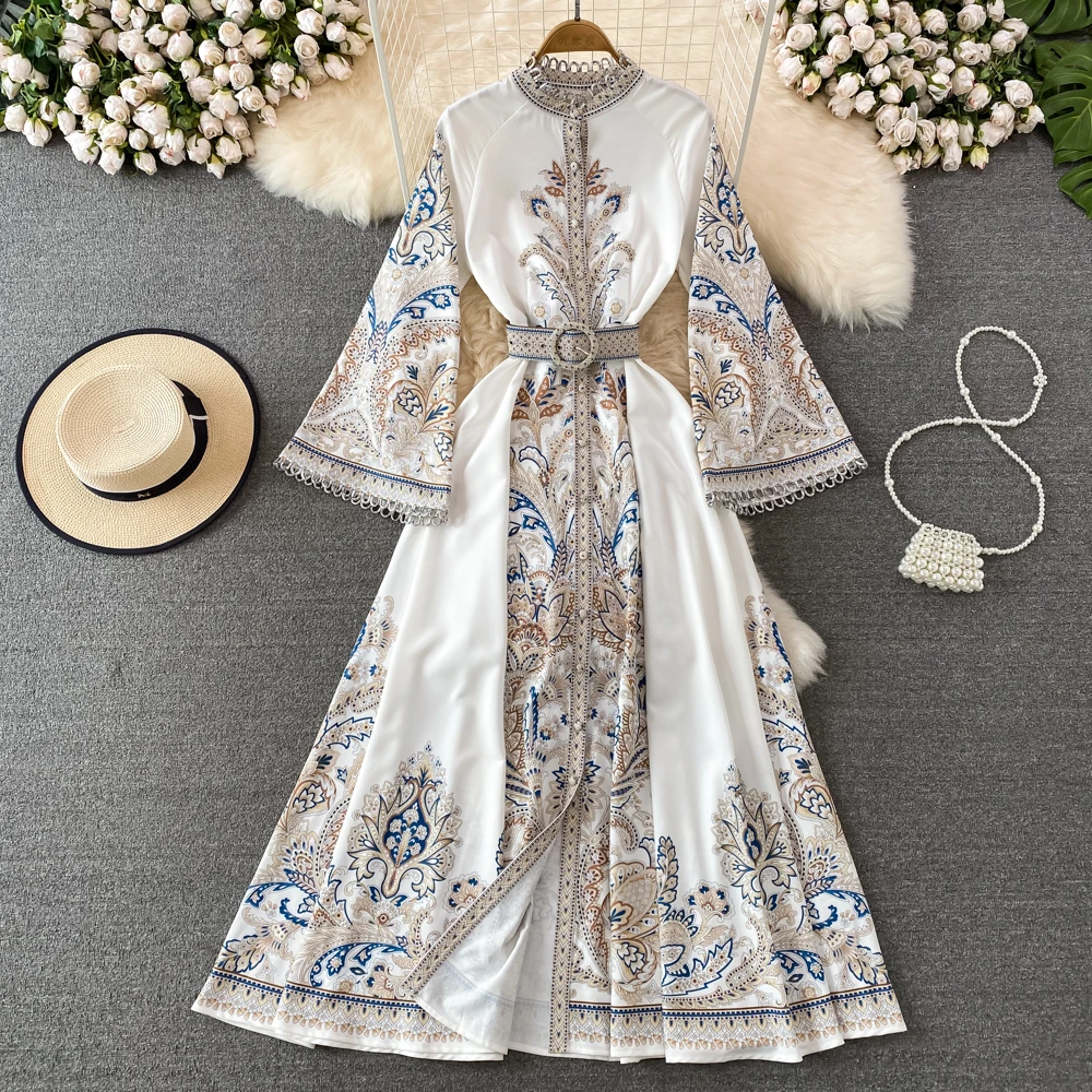 Elegant Women's Long Dresses Vintage Court Style Luxury Flare Sleeve Floral Print Ruched Spring Autumn Dress Vestidos платье