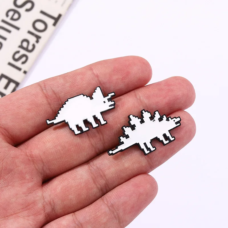 Pixelated Dinos Enamel Pins Black And White Mosaic Dinosaurs Animal Brooches Lapel Badges Inspiration Jewelry Gifts