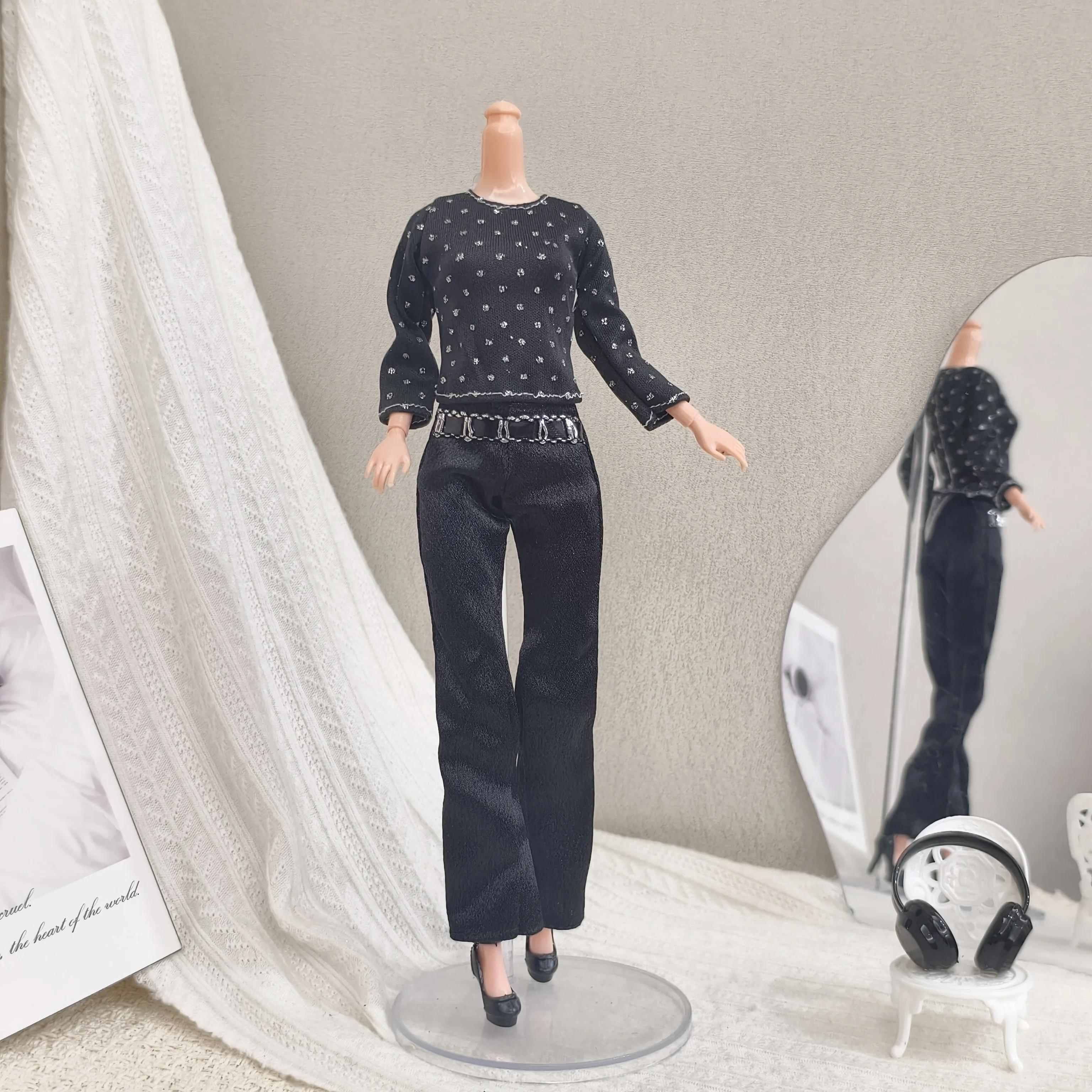 Black Classic Collection Original Design Fashion Dress Polka Dot Top-Pants Set For 1/6 FR Babi Supermodel Doll Daily Dress-up