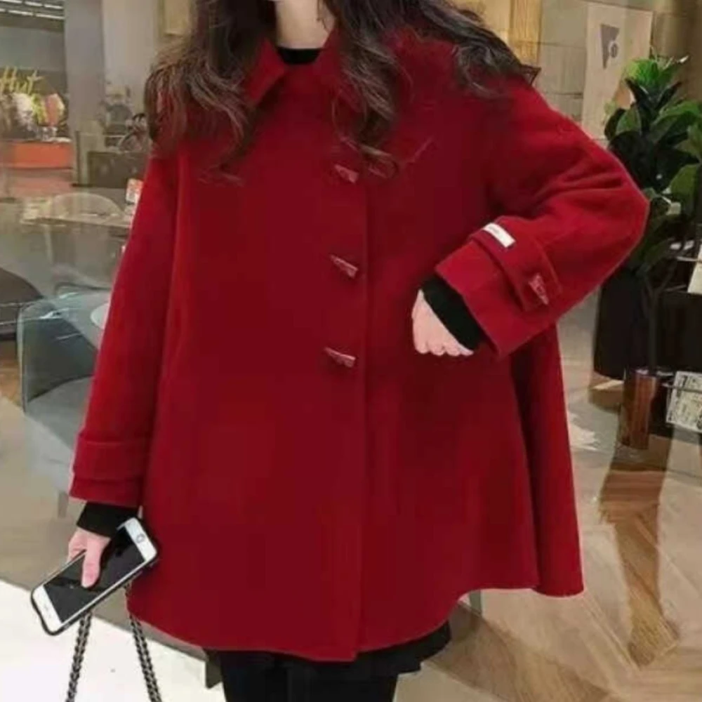 Wine red horn buckle wool coat women's new autumn and winter cape loose show thin man wool coat