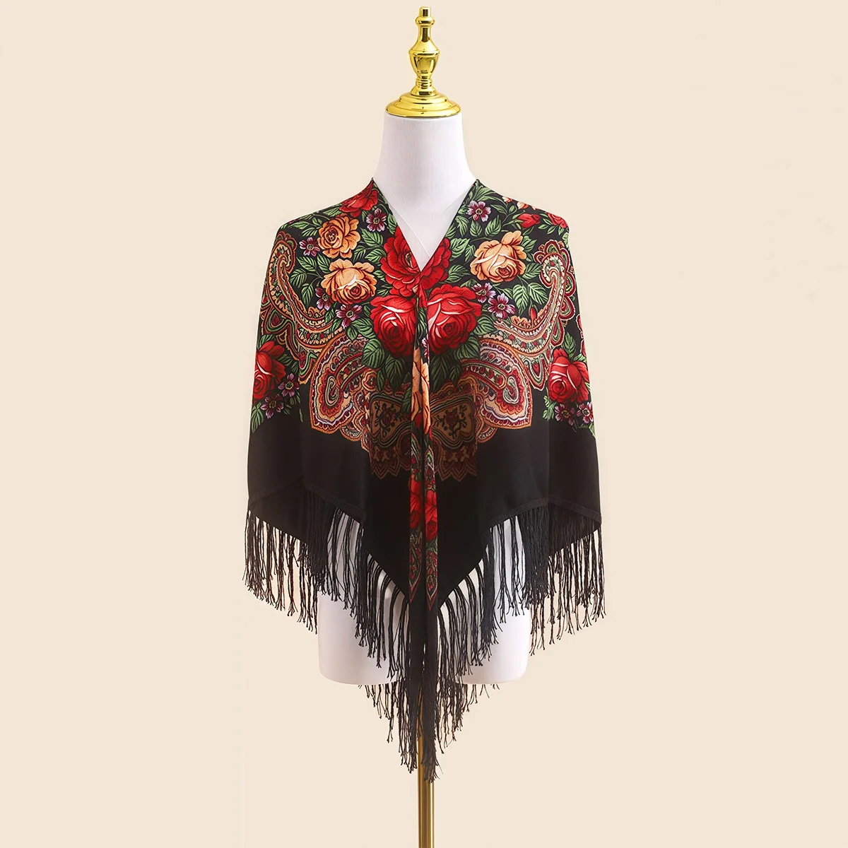 110cm  Russian Ethnic Shawl for Women,  Classic Square Scarf, Warm Beautiful Multicolor Wrap, Vintage Traditional Fringe Scarf