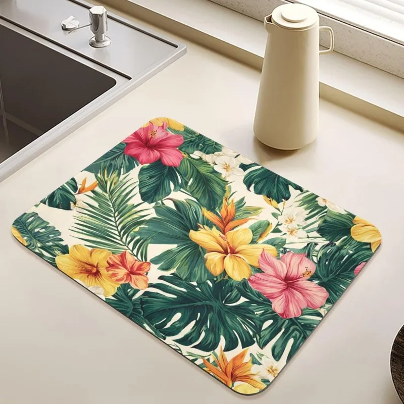 Tropical Hibiscus Dish Drying Mat Palm Monstera Leaves Kitchen Counter Mat Hawaii Floral Coffee Bar Pad Absorbent Decor