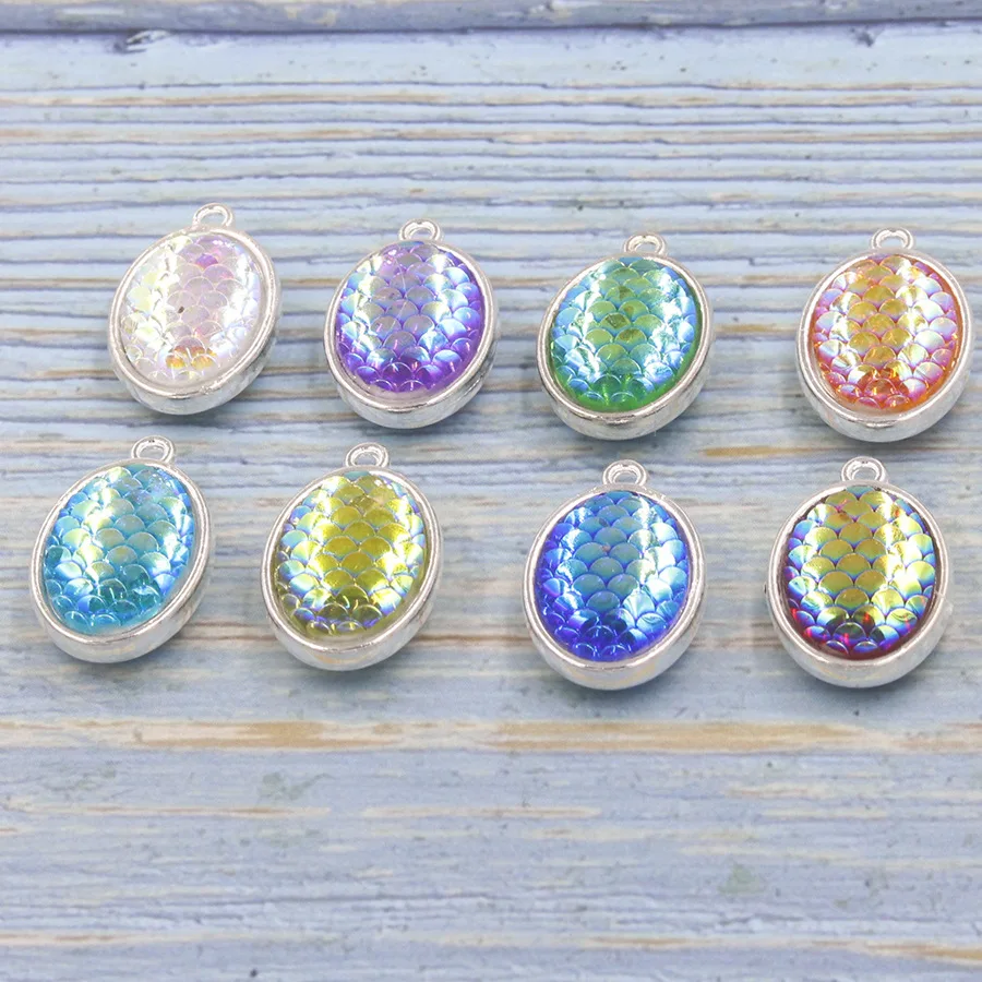 

10Pcs/Lot 24*16mm Oval Two Sided Charms Resin Mermaid Fish Dragon Scale Pendants For Making Necklace Earrings