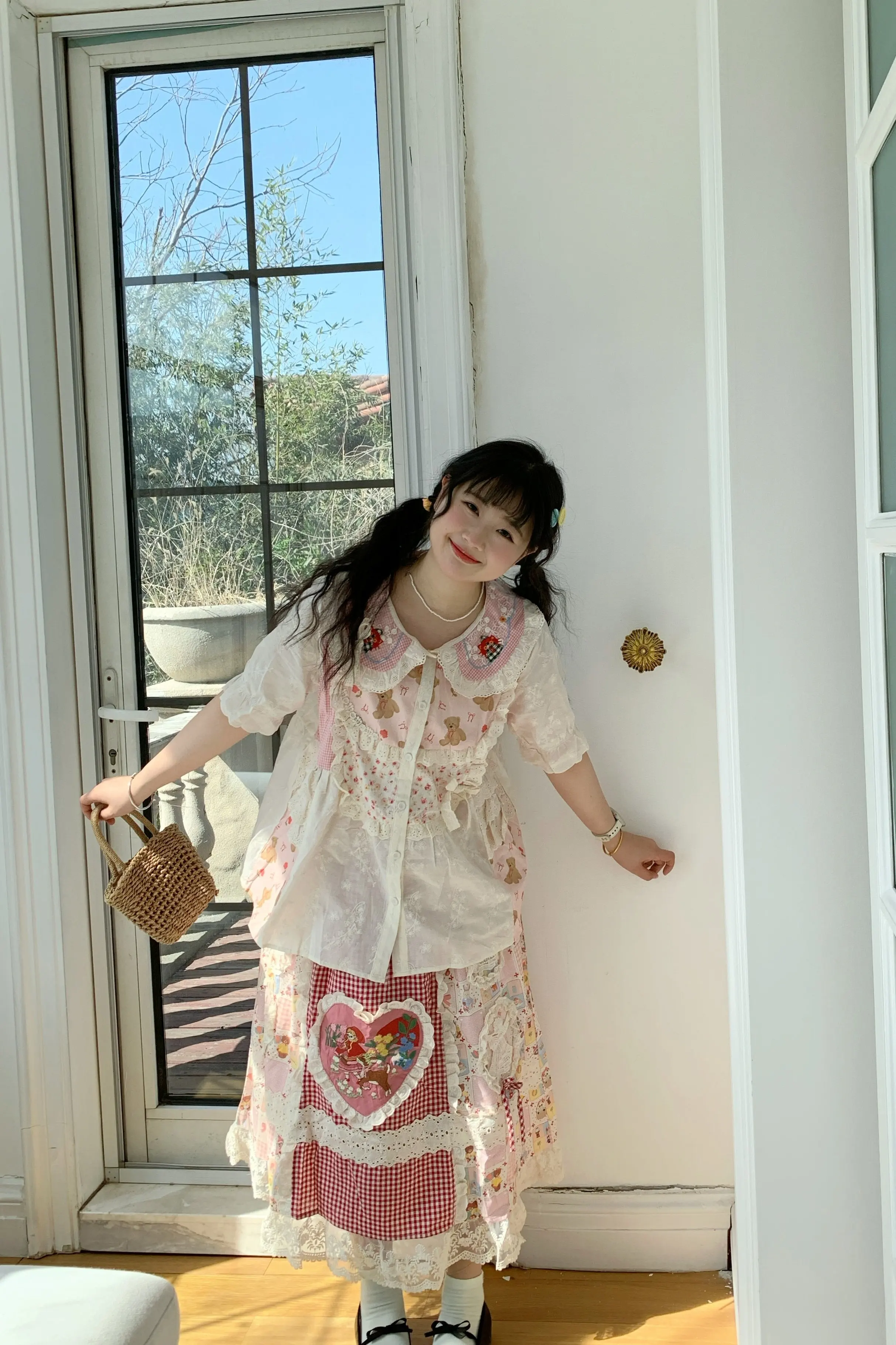 Japanese Sweet Mori Girl Cartoon Lace Patchwork Skirt Women Spring Summer Kawaii Elastic Waist A-Line Skirts