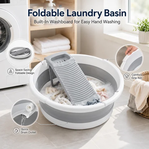 Large Collapsible Washboard Basin for Hand Washing Clothes - Portable Laundry Tub with Scrubber, Durable & Sturdy, Foldable Space-Saver, Ideal for Home, Travel, and Camping