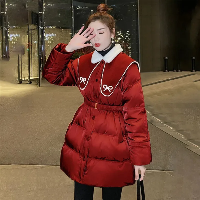 Women Clothing Heavy Work Beaded Doll Collar Down Jacket Manteau Femme 2023 Winter New Korean Fashion Temperament Top Outerwear