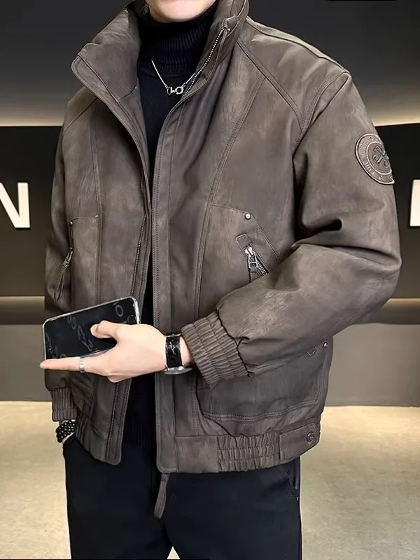 

Men's Winter down Jaet Thiened Casual Stand Collar Faionable Warm Trendy Brand Leather irt Outerwear Waterproof Breat...