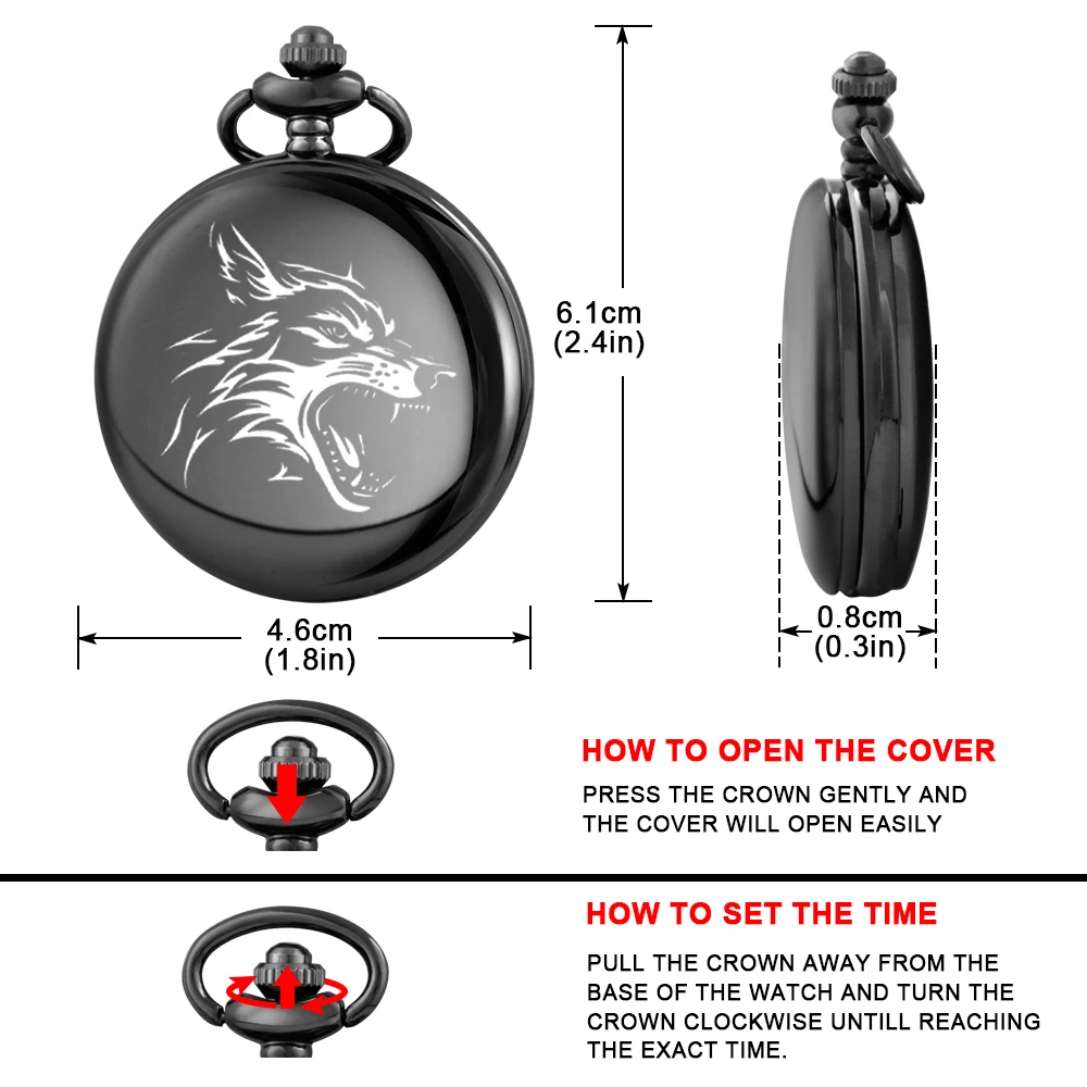 Roaring Wolf cool style design carving english alphabet face pocket watch a belt chain Black quartz watch birthday perfect gift