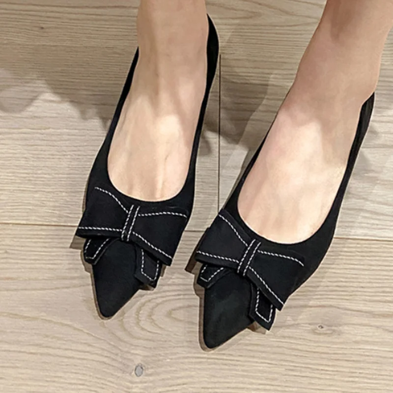 Women Sweet Seam Bow Pointed Toe Pumps Kitten Heels Flock Cloth Shoes Snug Slip-On In Blue Black Beige 33-43 Narrow Feet Tacons