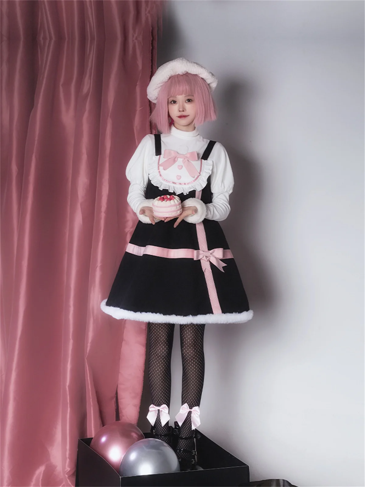 Japanese Sweet Style Lolita Cosplay Kawaii Girls Jsk Suit  Winter Warm Fluffy Love Button Apron Ribbon  Bowknot  Cute Suit