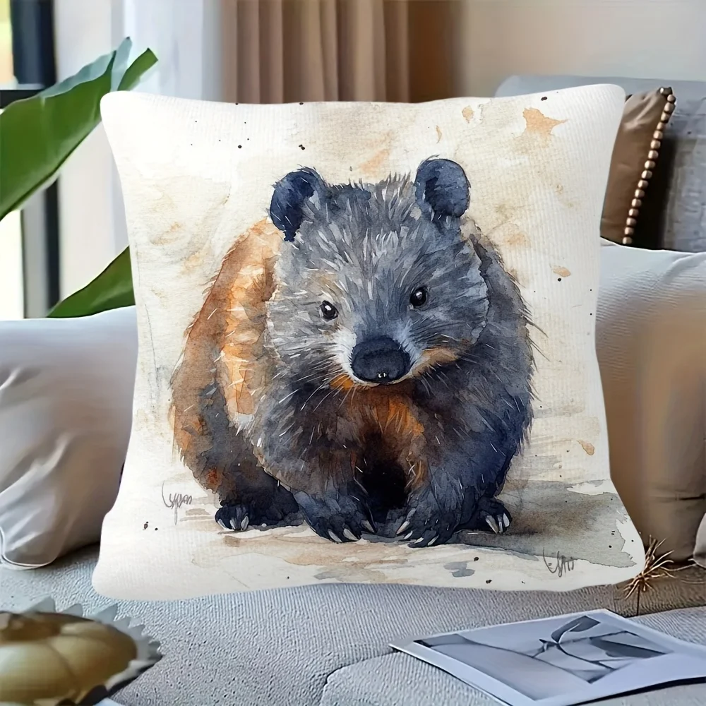 1pc Cute Quokka Pillow Cover, Polyester 2D Double-Sided Print, Watercolor Happy Quokka Art, Animal Lover Home & Car Decor Gift