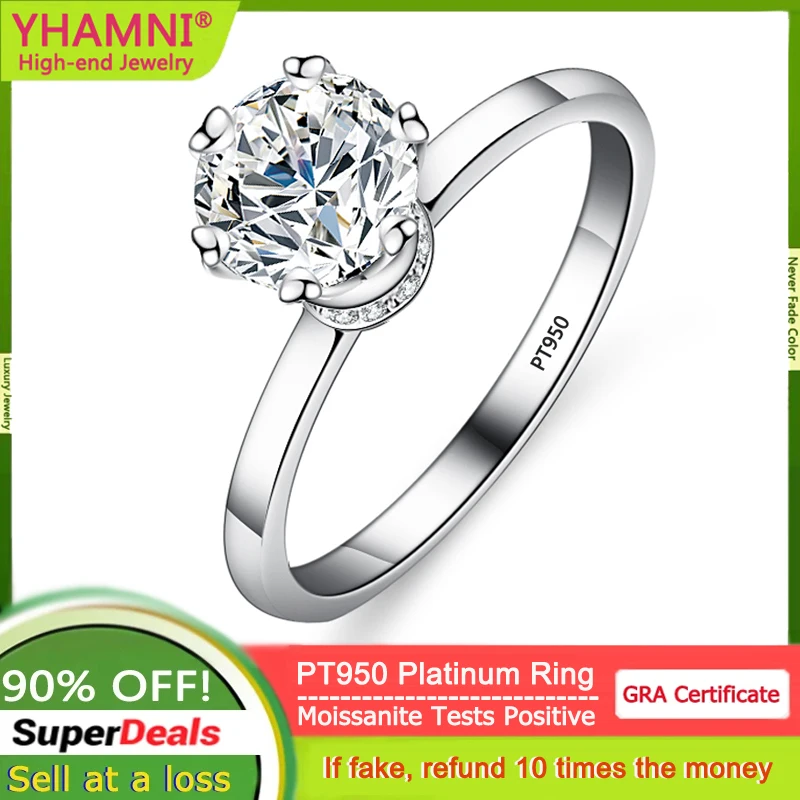 

YHAMNI 100% PT950 Platinum Rings for Women Solitaire 1 Carat VVS1 Diamond Moissanite Ring with GRA Certified Fine Jewelry