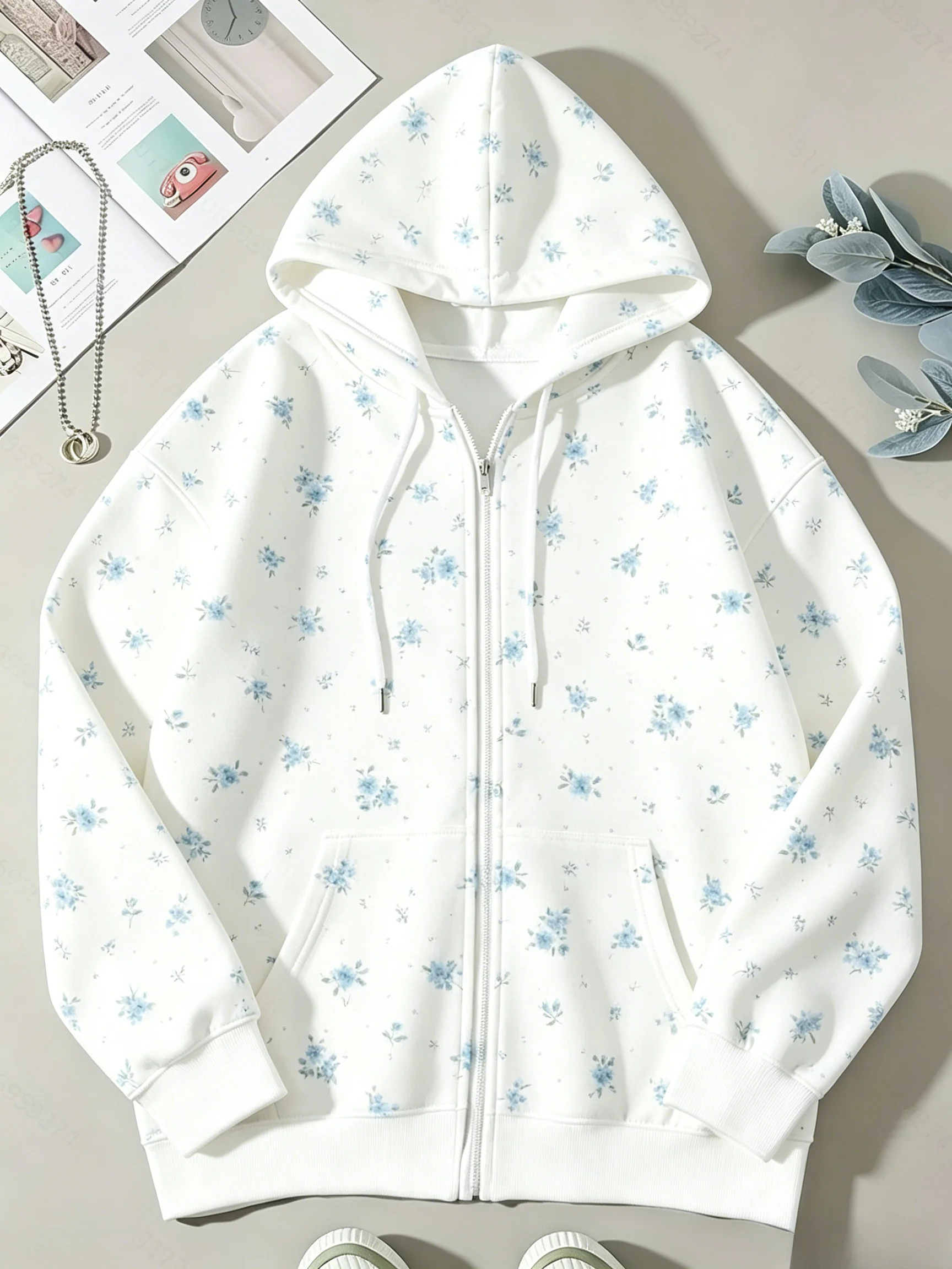 Light Blue Floral Zipper Hoodie, Fresh Small Floral Print, Loose, Versatile, Casual, Long-Sleeved Sweatshirt