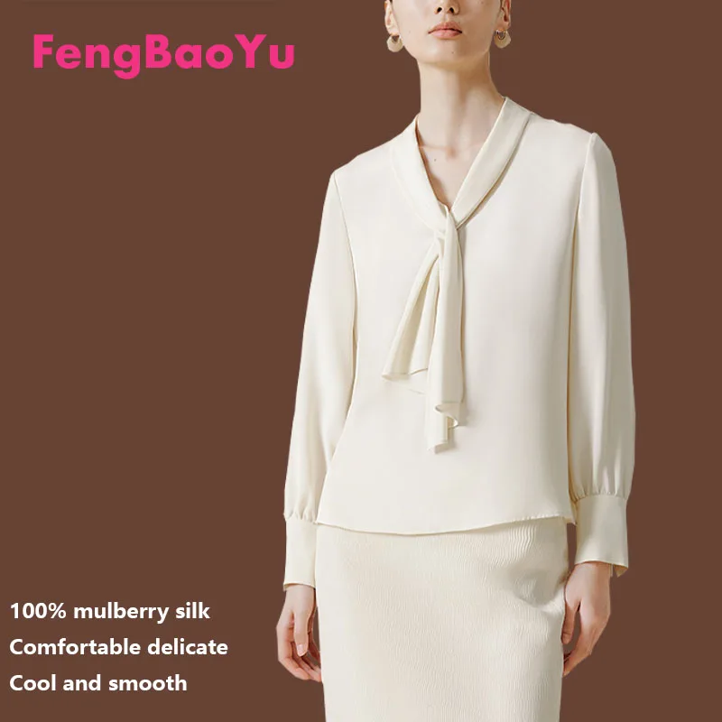 

Fengbaoyu High-end Silk Women's Shirt with Flowing Collar, Long Sleeve, Business Casual, Comfortable, Soft, Cool