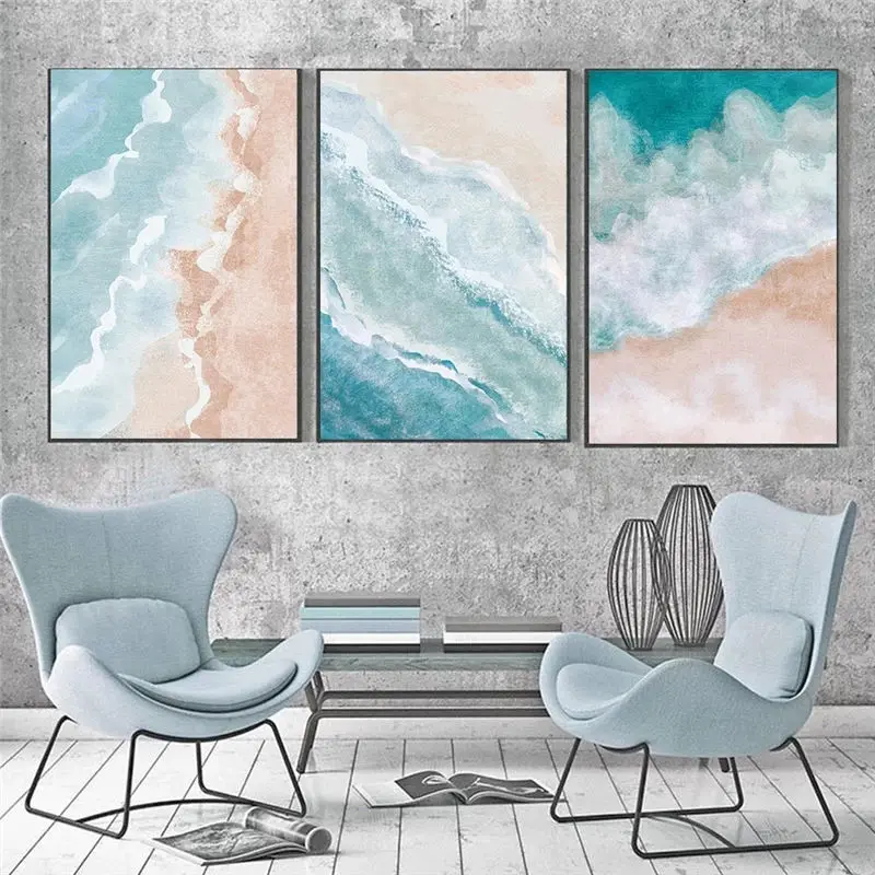 Beach Sea Wave Landscape Canvas Painting Blue Watercolor Wall Art Posters and Prints Abstract For Living Room Bedroom Home Decor