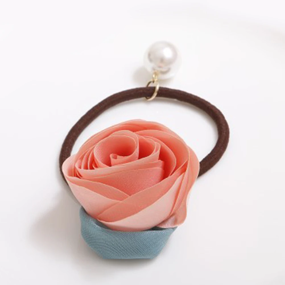 

5 pcs Rose Flower Ties Elastic Ring Ponytail Ropes Pearl Hair Band Holders For Girls Daily Wear Party School Easy