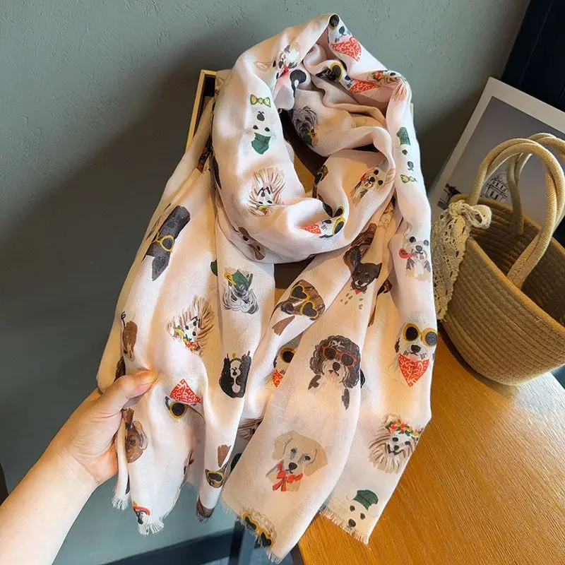 Stylish Dog Print Scarf with Fashion Glasses Design Lightweight Cotton Viscose, Breathable & Windproof for Spring/Autumn Travel