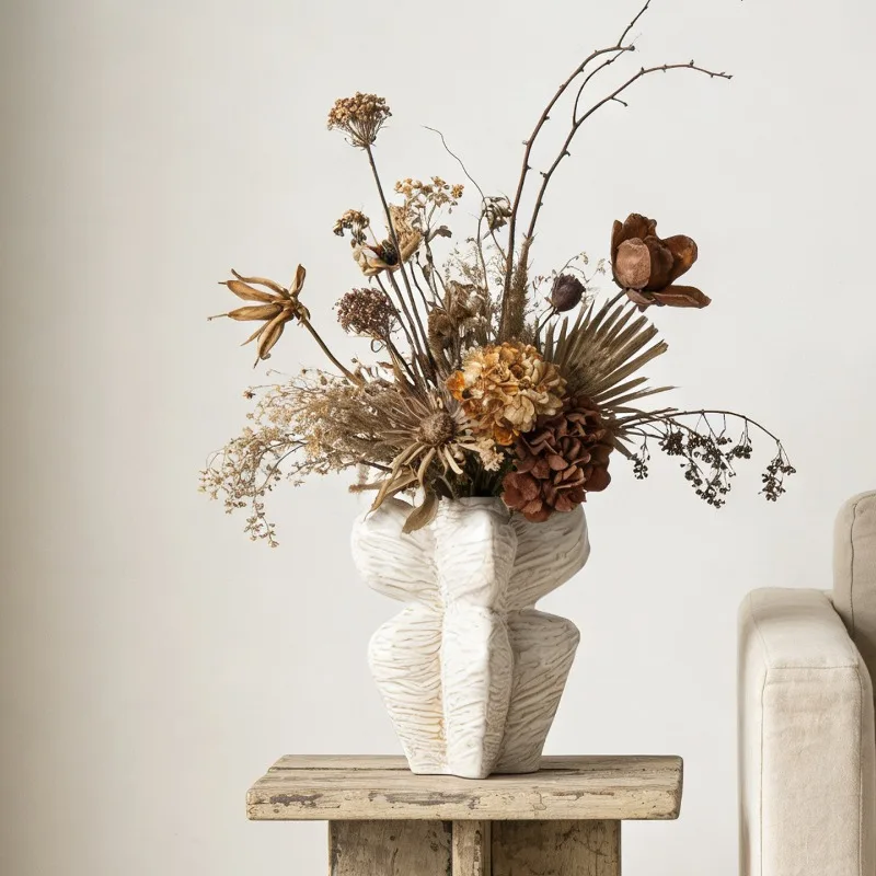 French White Ceramic Vase, Minimalist Vase, Dining Table Center Decoration, Ins Style Ornaments, Hydroponic Flower Arrangement