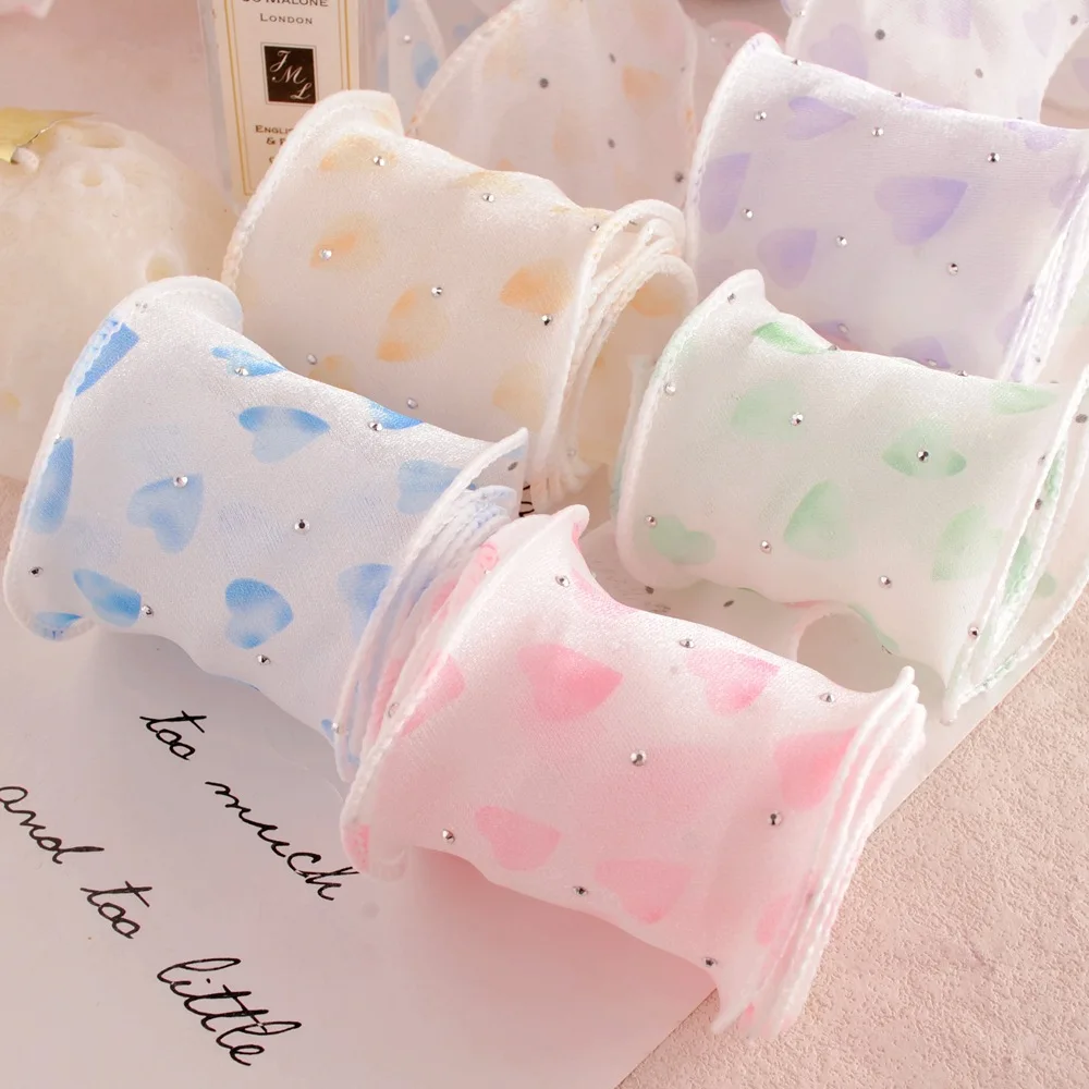 

5.5cm 30Yards Cute Organza Heart Wave Ribbon Diamond Dots Mermaid Flocking Edge DIY Hair Bow Sewing Material Crafts Accessories