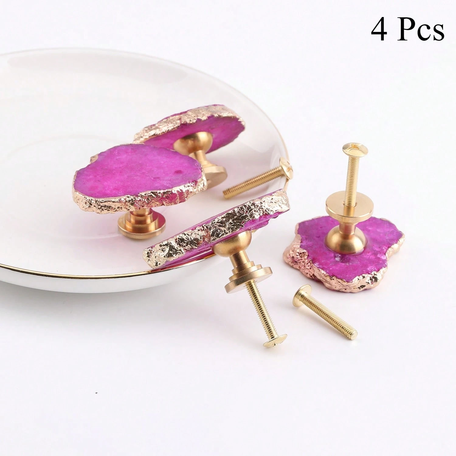 4 Pcs Hot Pink Geode Cabinet Knobs， Crystal Stone Drawer Knobs， Handles Decorative Golden Plated Gemstone Cupboard Pulls.