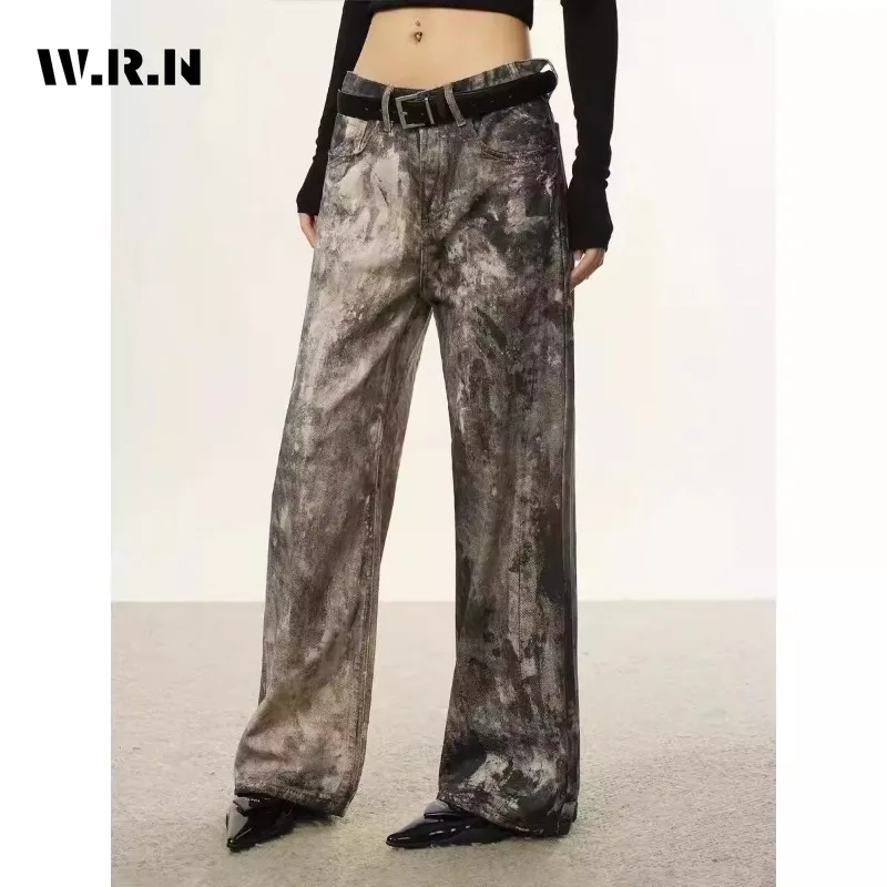 

Vintage Aesthetic Style Punk Harajuku Jeans Women's Casual Mop Full Length Pants Y2K Street Baggy Tie Dye Denim Trouser