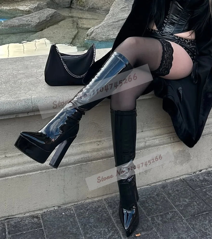 أسود مصقول صندل بكعب مكتنز منصة حذاء برقبة للركبة أشار تو براءات الاختراع والجلود أحذية طويلة أنيقة كتلة الكعوب الخريف الشتاء الأحذية #2