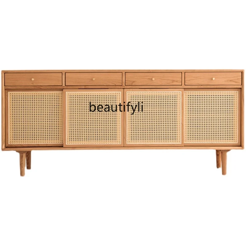 

Nordic Solid Wood Rattan Sideboard Cabinet Log Locker Simple Modern Multi-Functional Storage Cabinet