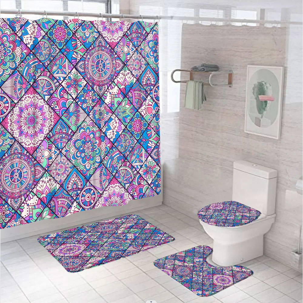 

Bohemian Shower Curtain Set Colorful Vintage Floral Mandala Flower Aztec Boho Bathroom Curtains Bath Mat Carpet Rug Toilet Cover