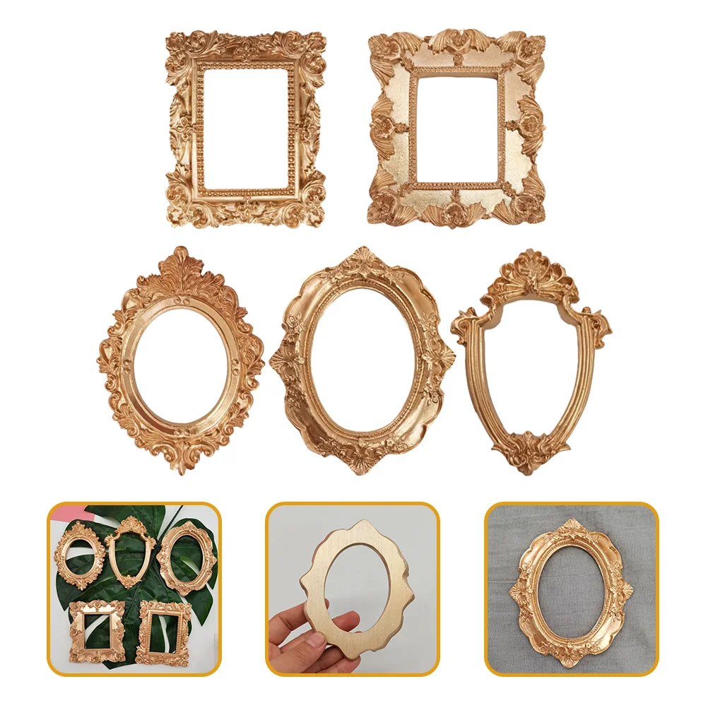 5 Pcs Mini Photo Frame Gold Picture Frames Vintage Decor Oval Rectangle