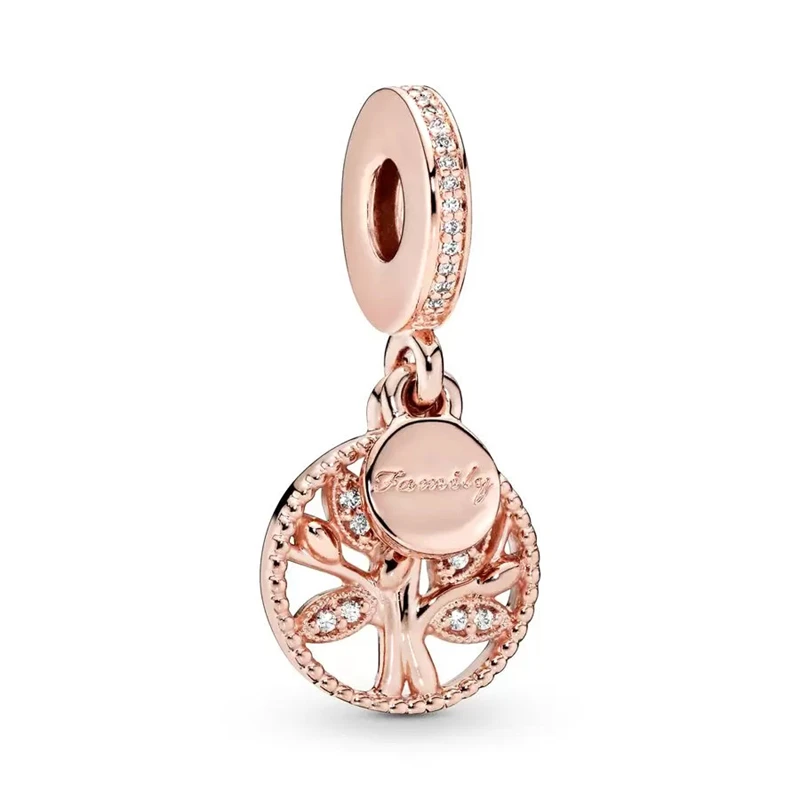 Fine Sparkling Rose Gold Flower Family Tree Hearts Leaf Charm Beads Fit Original European 925 Silver Bracelet DIY Women Jewelry