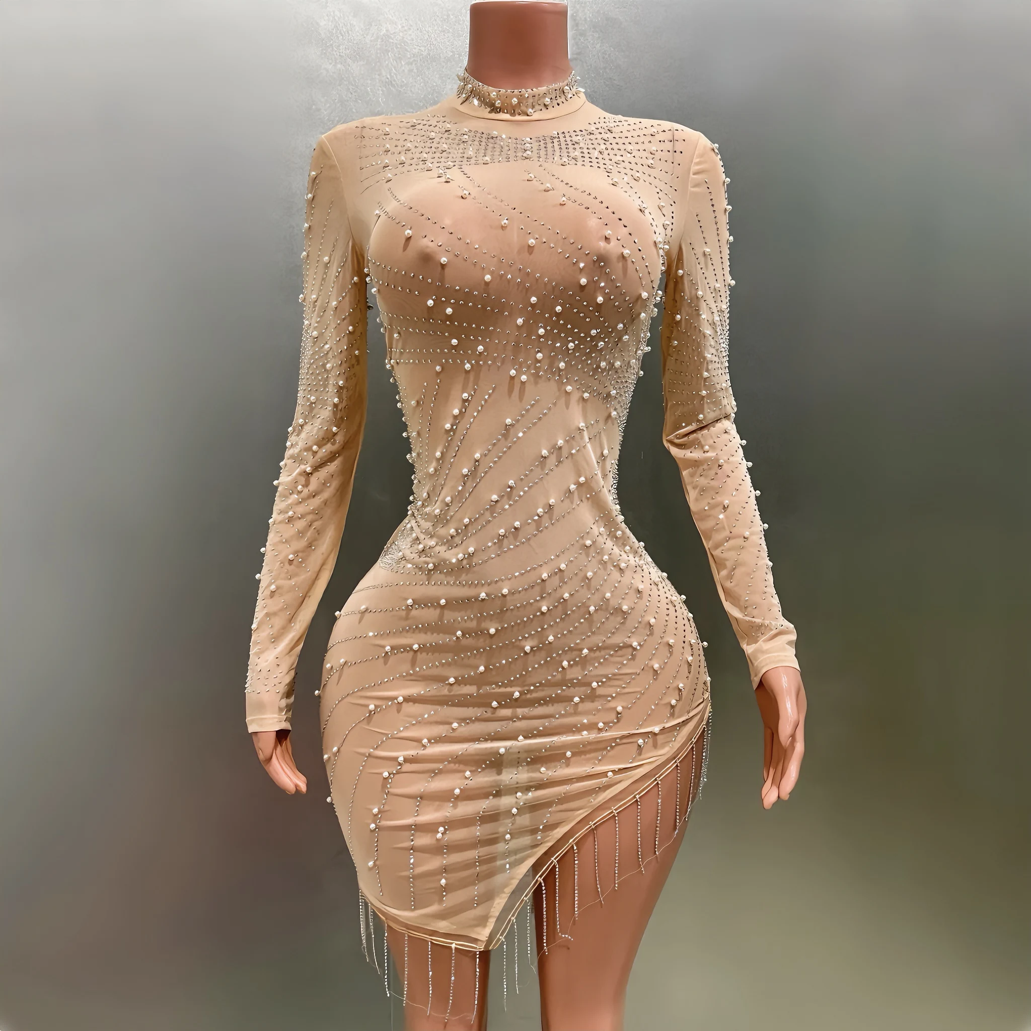 

Shinning Diamonds Rhinestones Apricot Color Sexy Sheath Dress Evening Party Performance Costume Bar Nightclub Singer Stage Wear