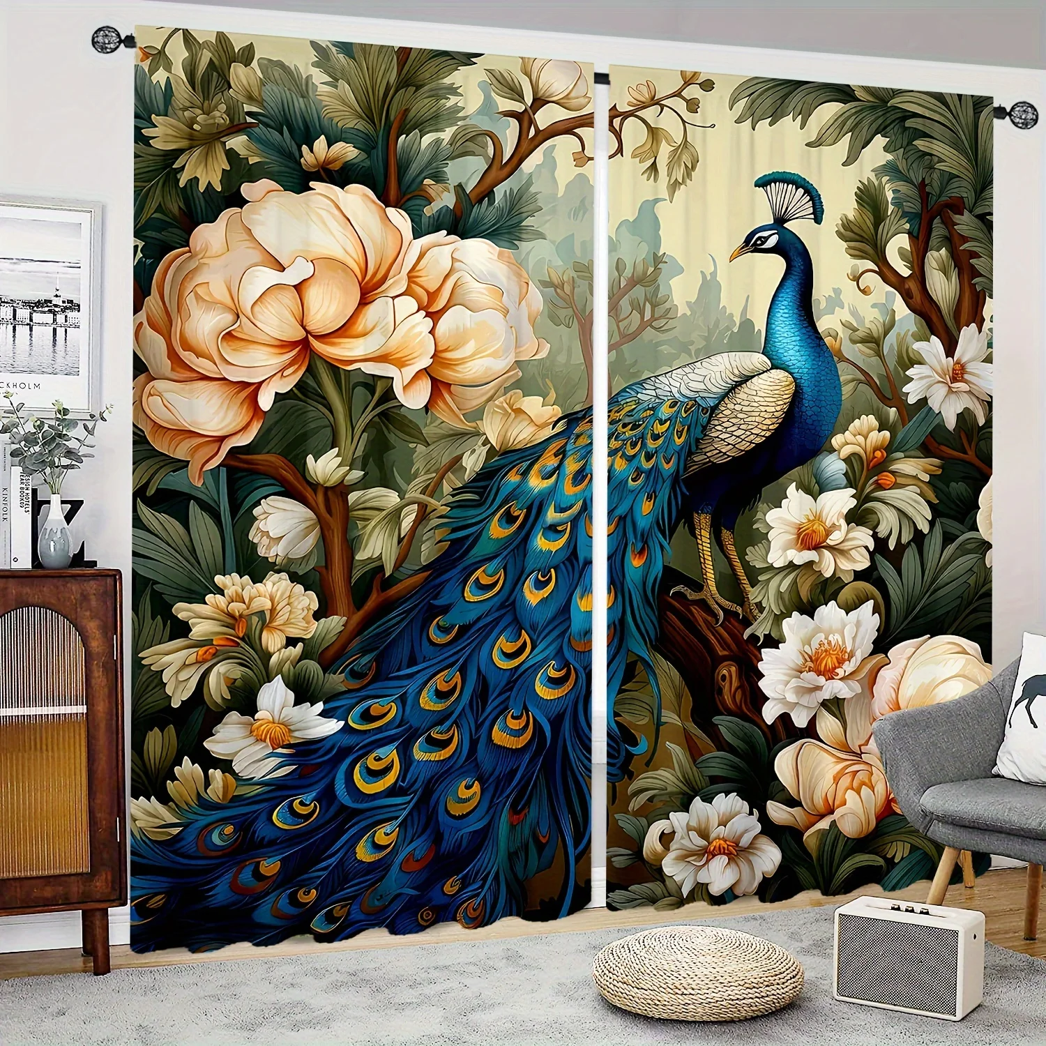 2pcs HD Digital Printing Curtains Home Decor Style Living Room Bedroom Rod Pocket Curtains National Flowers Blue Peacock Print