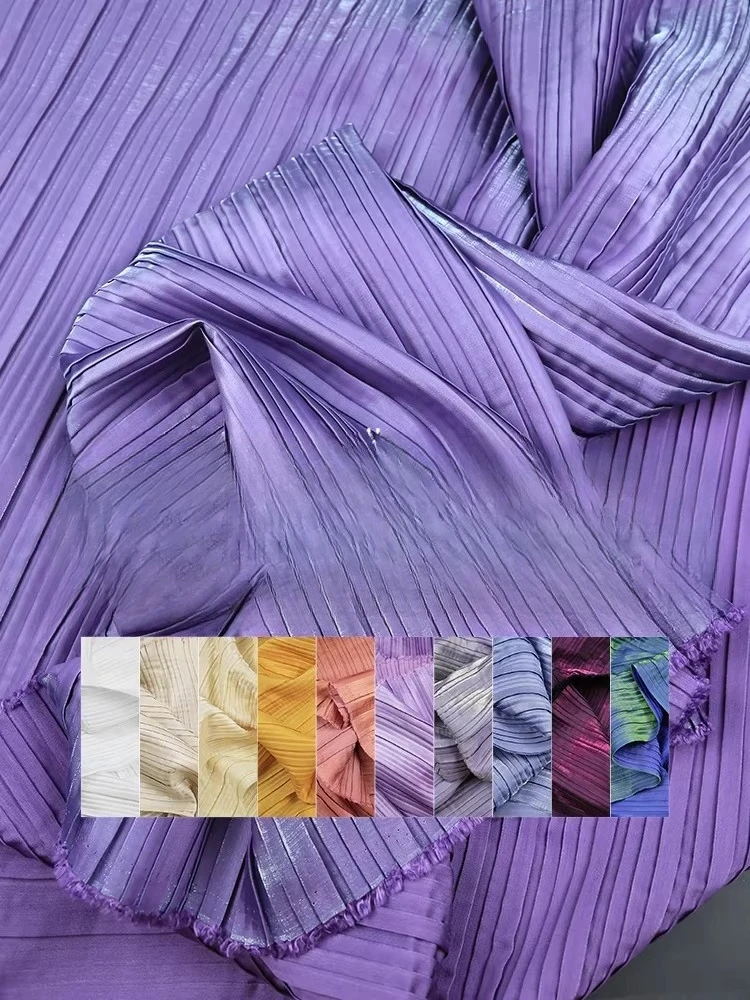 

Глянцевая плиссированная ткань в метрах для пошива одежды, платьев, юбок, ханьфу, рубашек, сценических костюмов, рукоделия, дизайнерская ткань, мягкая, фиолетовая, желтая