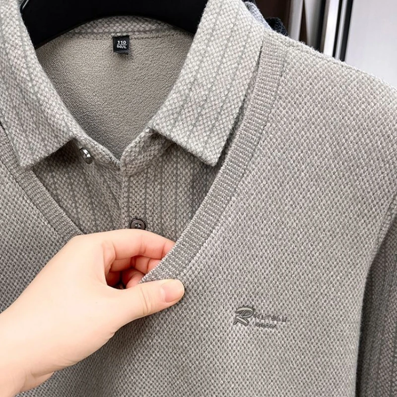 

Мужской плюшевый свитер, осенне-зимний модный пуловер в полоску с пуговицами и лацканами, деловые повседневные вязаные утолщенные свитера на флисовой подкладке