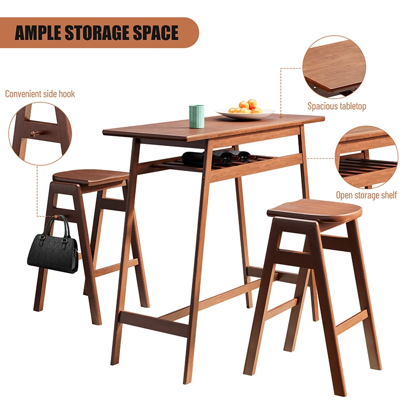 3 PCS Pub Dining Set Retro Bar Table Rubber Wood Stackable Backless High Stool for 2 with Shelf and Hooks for Home Bar Small Spa