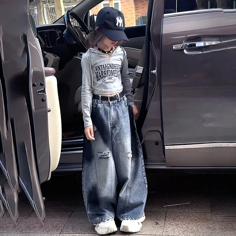 

Girls Jeans Trousers Children 2025 New Spring Collection Fashion Blue Bottoms Simple Casual Pants Korean Simple Style Trousers