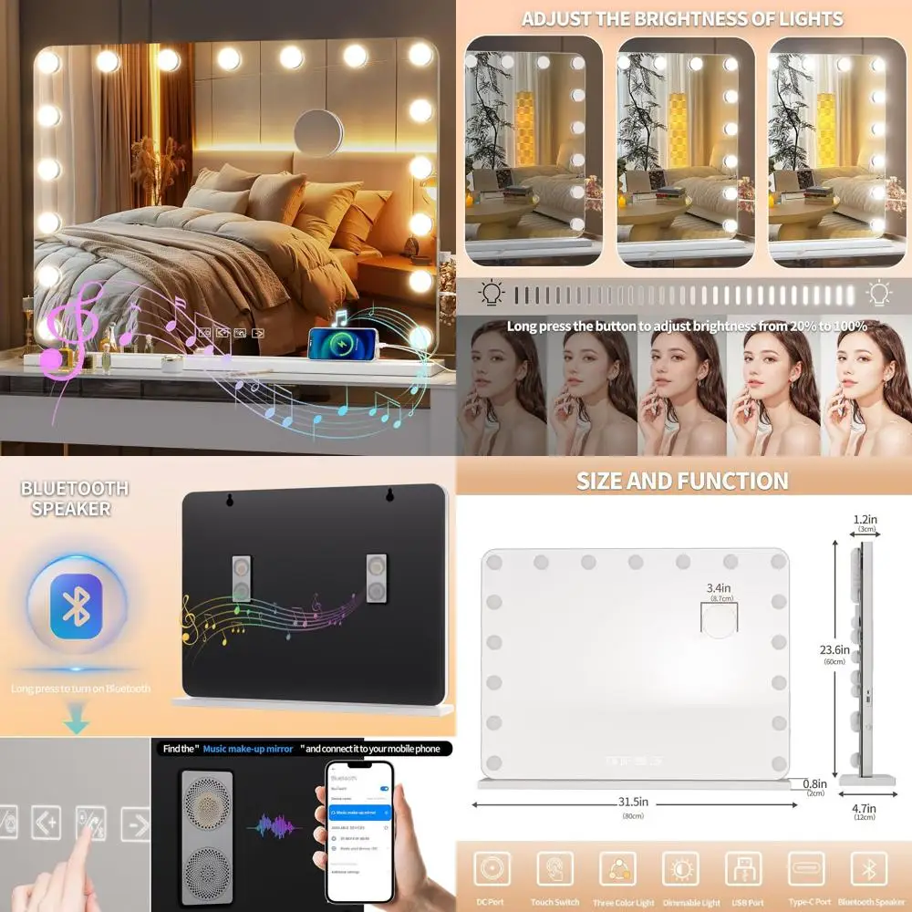 

Голливудское зеркало Bluetooth с 17 светодиодами, 10-кратным увеличением, 3 цветовыми режимами, зарядкой через USB и Type-C (белое)