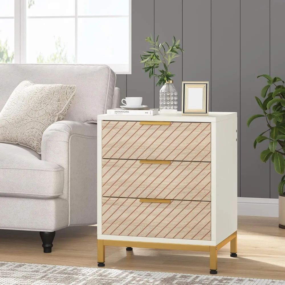 

Night Stands for Bedrooms, White and Gold Light Wood Grain Nightstands with 3 Drawers Bedside End Tables Storage