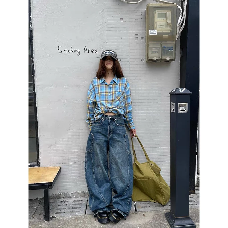 

YIBASHU женские синие мешковатые джинсы Y2k винтажные эстетические ковбойские брюки Harajuku оверсайз джинсовые брюки уличная одежда 2000-х годов мусорная одежда