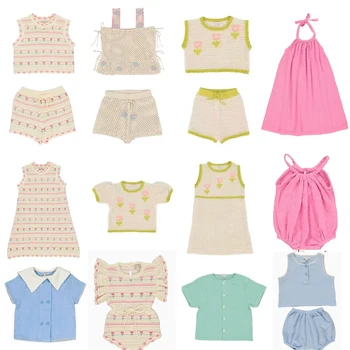 Bebe ss25 어린이 니트 티셔츠와 반바지 의류 세트 소녀 귀여운 꽃 자수 드레스 의류 티셔츠 탑스