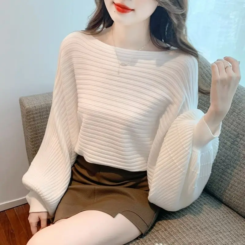 Fashion Slash Neck Solid Color Batwing Sleeve Sweaters Women\'s Clothing 2023 Autumn Winter Loose Commuter Pullovers Casual Tops