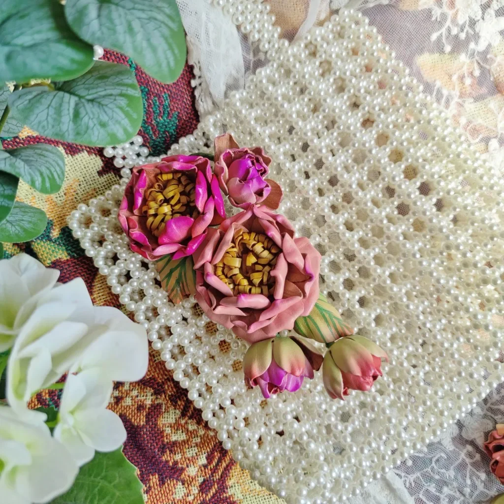 Original Real Cowhide 3D Rose Flower Genuine Leather Bag Charm Keychain, Chinese Style Artisan Vintage Gift For Women