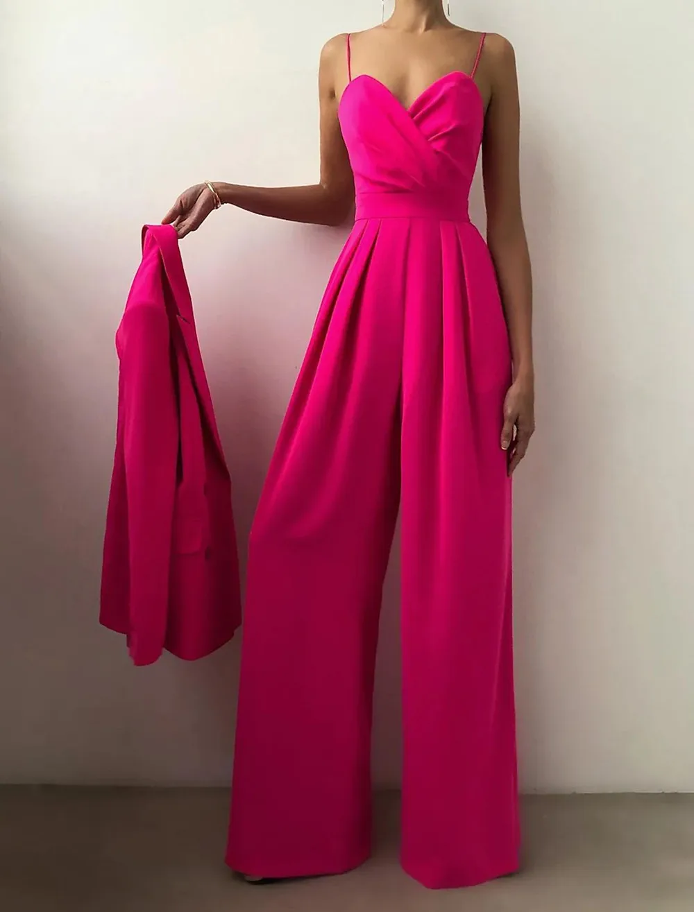 Bộ Đồ Bay Jumpsuits Tối Giản Sang Trọng Vũ Hội Chính Thức Tối Sinh Nhật Đầm Spaghetti Dây Áo Tầng Dài Spandex Có Nếp Gấp 2022