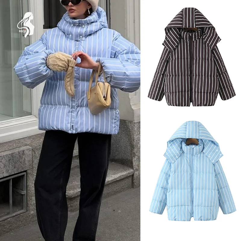 

Womens Coat Loose Fit Stand Collar Hooded Striped Puffer Jacket Casual Cotton Coat Versatile Winter Essential Trafizaran