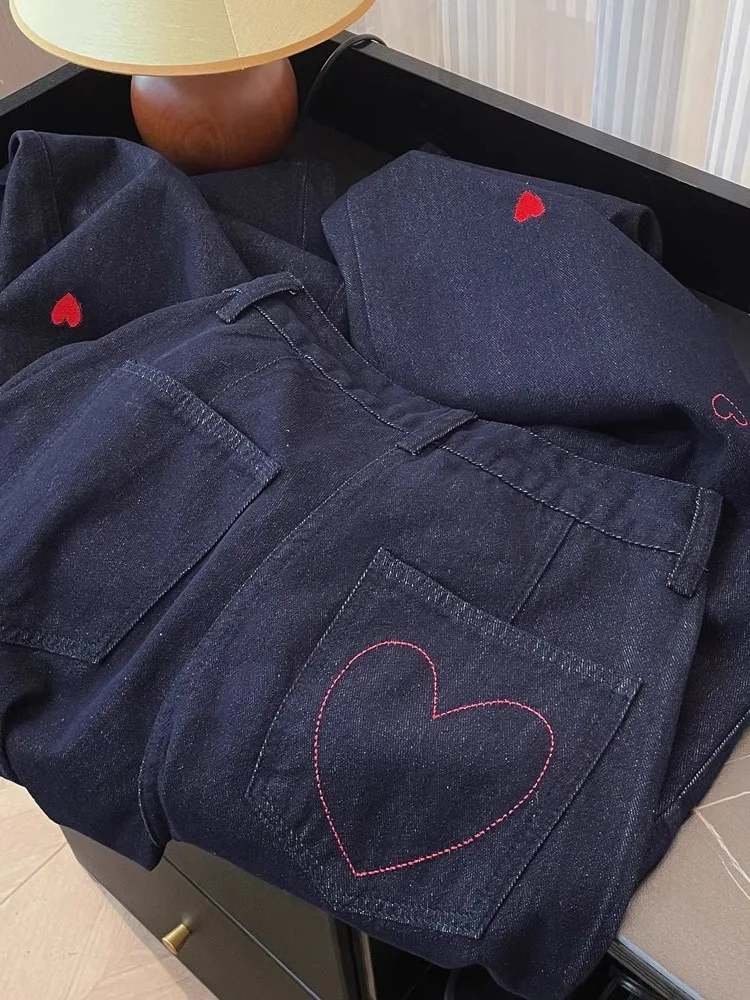 Celana Jeans Wanita Model Kaki Lebar Pinggang Tinggi Bordir Tebal Desain Retro Serbaguna Musim Semi Gugur, Efek Langsing