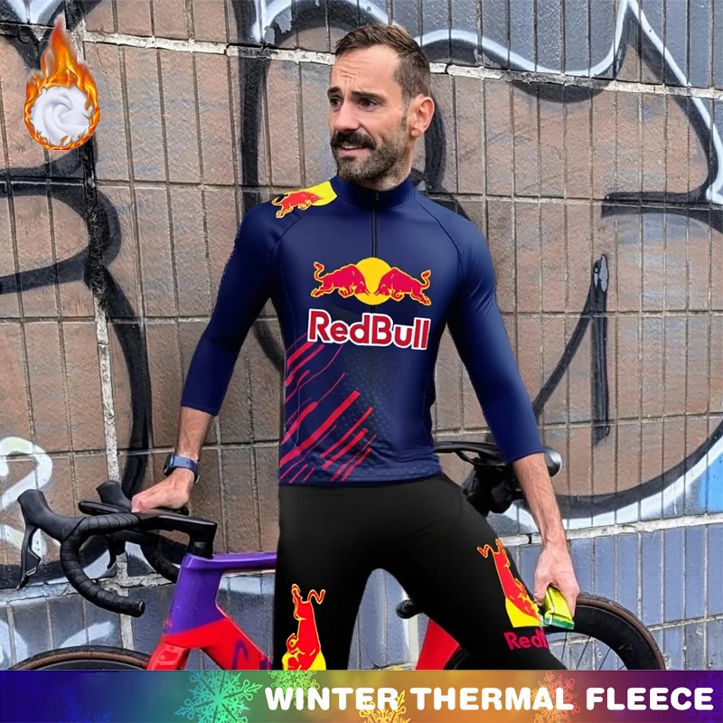 

Sportswear Set Red Bull Cycling Jersey Thermal Mens Fleece Bicycle Clothes Retro Winter Men's Clothing Termal Jackets Bib Outfit