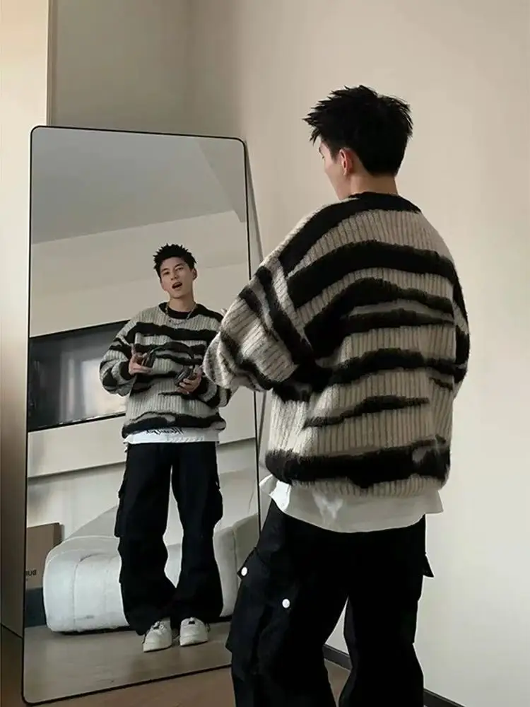 

Черный белый полосатый свитер Camere, осень-зима, новый вязаный элитный американский ретро-джат из полиэфирного волокна