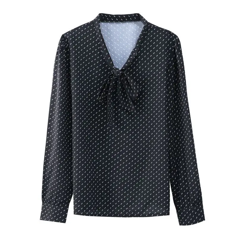 Polka Dot Black Chiffon Shirt Female 2023 Spring Autumn Office Lady Scarf Collar Bow Bandage Long Sleeve Pullover Blouse