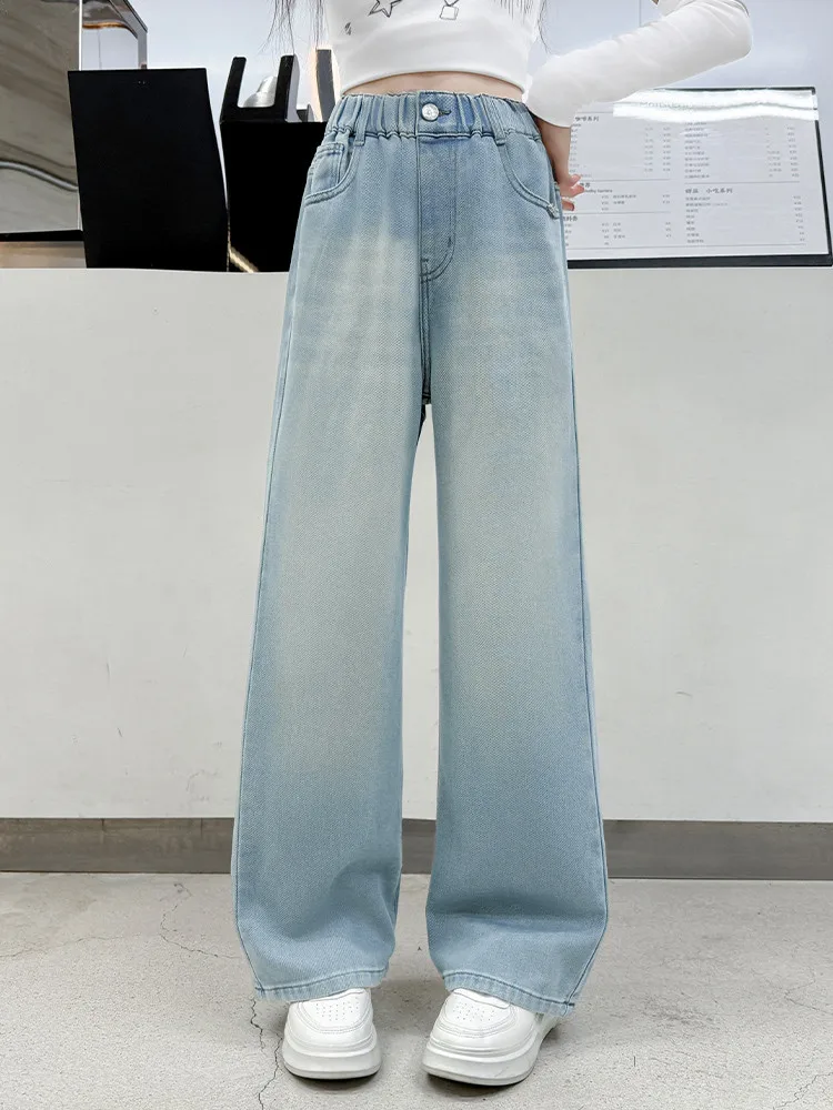 بنطال جينز أزرق فاتح مغسول للفتيات سروال دينم مستقيم الساق سروال شتوي طويل مناسب للأعمار من 7 إلى 14 عامًا #4