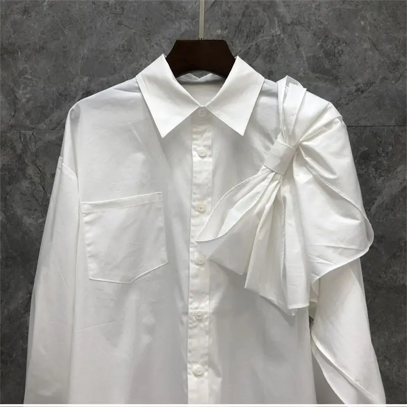 Bow design and patchwork white shirt, European style new mid length top for spring/summer 2024